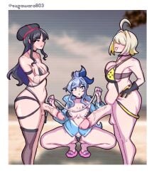 3futas anchor_(nikke) big_penis bikini breasts elegg_(nikke) eunhwa_(nikke) futanari goddess_of_victory:_nikke large_breasts measuring measuring_penis measuring_tape medium_penis penis penis_size_comparison size_comparison size_difference small_breasts small_penis sugawara uncensored