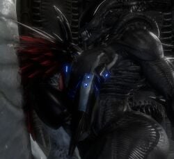 3_fingers 3d_(artwork) alien alien_(franchise) anthro anthro_on_anthro armwear avian avian_caruncle big_breasts big_butt black_body blackwatch breasts butt claws clothing colored crossover digital_media_(artwork) duo feather_hair feathered_crest feathers female female_on_top finger_claws fingers from_front_position grey_body grey_scales halo_(series) hand_on_breast head_between_breasts head_crest hi_res interspecies kig-yar larger_female male male/female male_on_bottom mastery_position microsoft mostly_nude non-mammal_breasts on_bottom on_top pseudo_hair scales scalie sex sharp_teeth size_difference smaller_male synca t'vaoan teeth xbox_game_studios xenomorph xenophilia