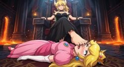 ai_generated foot_fetish foot_worship foot_on_face feet foot_focus feet_focus feet_on_face black_toenails black_dress pink_dress princess lezdom forced forced_to_sniffing forced_to_smell throne throne_room blonde_hair blonde_female toes 2girls dominant domination dominant_female submissive submissive_female disgusted disgusted_look disgusted_expression disgusted_face scarlethblood mario_(series) mario_bros new_super_mario_bros._u_deluxe bowsette princess_peach princess_koopa nintendo nintendo_switch