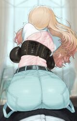 maruko_tooto idolmaster gakuen_idolmaster juo_sena very_long_hair portrait cowboy_shot blurry_background indoors day daytime window female female_focus male male/female 1boy first_person_view uniform shirt white_shirt pants black_pants shaking_lines 1girls blonde_hair long_hair pink_hair streaked_hair gradient_hair multicolored_hair backless_outfit crop_top back ass ass_focus big_ass bent_over sitting sitting_on_person large_breasts breasts from_behind jacket long_sleeves sports_bra black_sports_bra shorts belt humping dry_humping blue_pants