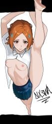ai_assisted bleach bleach:_the_thousand-year_blood_war blush boobs closed_mouth clothed clothed_female clothed_female_nude_male clothes_lift clothing embarrassed embarrassed_nude_female feet feet_out_of_frame feet_up foot_fetish foot_focus foot_play inoue_orihime one_leg_on_ground one_leg_raised one_leg_up orihime_inoue school school_uniform schoolgirl solo student tits white_background