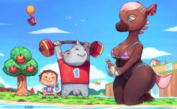 1girl 2boys :> alternate_costume animal animal_crossing animal_ears apple apple_tree arms_up balloon barbell bikini blue_eyes blue_shirt blue_sky bottomless box breasts brown_hair cleavage cloud colored_eyelashes commentary curvy cyancapsule dark_skin english_commentary exercising fish flaccid food fruit furry furry_female gift gift_box holding holding_animal holding_fish horns horse_ears horse_girl horse_tail kneeling large_breasts message_in_a_bottle multiple_boys outdoors penis pervert pink_hair red_shirt reneigh_(animal_crossing) rhino_boy rhinoceros_boy shirt short_hair single_horn sky smile swimsuit tail tank_(animal_crossing) tree villager_(animal_crossing) weightlifting