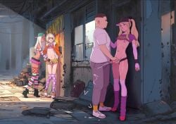 4boys alex_(tekuho) alley blonde_hair boots candy_(tekuho) cap crop_top cum cum_on_floor cum_on_ground cumshot erection ethan_(tekuho) femboy fishnets flat_chest graffiti handjob hat high_heels leg_warmers light-skinned_male light_skin long_hair looking_at_another micro_shorts microskirt multiple_boys multiple_traps navel navel_piercing netorare nipple_piercing nipples original pants penis ponytail prostitution road shirt short_hair skimpy skinny skirt smile sneakers street streetwear striped_legwear tan_body tanned tekuho thighhighs trap