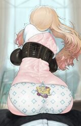 maruko_tooto idolmaster gakuen_idolmaster juo_sena very_long_hair portrait cowboy_shot blurry_background indoors day daytime window female female_focus male male/female 1boy first_person_view uniform shirt white_shirt pants black_pants shaking_lines 1girls blonde_hair long_hair pink_hair streaked_hair gradient_hair multicolored_hair backless_outfit crop_top back ass ass_focus big_ass bent_over sitting sitting_on_person large_breasts breasts from_behind jacket long_sleeves sports_bra black_sports_bra humping dry_humping panties white_panties underwear white_underwear pattern_underwear pattern_panties crotch_seam cameltoe