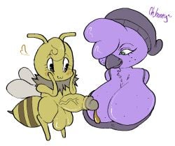 alekoin anthro arthropod avian balls beak beat_banger bee big_balls big_breasts big_penis bird blush bodily_fluids breasts bunfan_games clothing cum duo female femboy flavored_cum food fur genital_fluids genitals hat headgear headwear heart_symbol honey_(food) honey_cum hymenopteran insect male penis precum purple_body purple_feather smile text unusual_bodily_fluids unusual_cum unusual_genital_fluids wings yellow_body yellow_fur zoe_monroe
