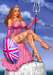 fomarly-knownas british british_female british_flag britannia bitchtannia bimbo tagme trident shield union_jack union_jack_shield corset pink_corset huge_breasts huge_tits tits breasts pink_clothing ginger ginger_hair ginger_female clothed bimbo_body crown tiara silver_tiara 1girls solo solo_female female female_only necklace wavy_hair