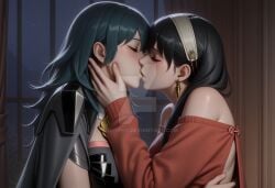 ai_generated bopitphy 2girls female_only female/female multiple_girls multiple_females duo couple mutual_yuri yuri love romantic romantic_couple closed_eyes blush kissing lips spy_x_family yor_briar short_hair short_hair_with_long_locks black_hair jewelry gold_jewelry earrings gold_earrings nintendo fire_emblem fire_emblem:_three_houses byleth_(fire_emblem) byleth_(fire_emblem)_(female) long_hair blue_hair hair_between_eyes neck bare_shoulders breasts big_breasts dress red_dress off_shoulder off-shoulder_dress long_sleeves crossover night window curtains indoors hand_up upper_body