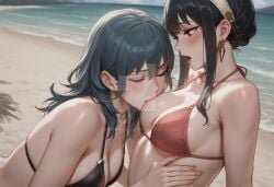 ai_generated bopitphy 2girls female_only female/female multiple_girls multiple_females duo couple mutual_yuri yuri love romantic romantic_couple closed_eyes blush open_mouth lips spy_x_family yor_briar short_hair short_hair_with_long_locks black_hair jewelry gold_jewelry earrings gold_earrings nintendo fire_emblem fire_emblem:_three_houses byleth_(fire_emblem) byleth_(fire_emblem)_(female) long_hair blue_hair hair_between_eyes neck bare_shoulders breasts big_breasts cleavage crossover alternate_costume swimsuit bikini red_swimsuit red_bikini black_swimsuit black_bikini head_down moaning moaning_in_pleasure female_moaning sucking_breasts breast_sucking day outdoors beach sand water ocean nail_polish pink_nails half-closed_eyes red_eyes looking_at_another midriff bare_arms