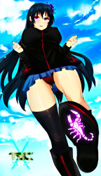 ass_visible_through_thighs bangs bedroom_eyes black_hair boots clouds deathelena_recreigialas earrings eyebrows_visible_through_hair eyeliner feet female female_only flower highres jacket lipstick logo long_hair looking_at_viewer original original_character painted_nails pov_feet purple_eyes sacredcourage skirt sky smile standing stockings the_legendary_tauran'creima the_legendary_tauran'creima:_star_beings_of_the_universe underwear upskirt