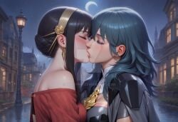 2girls ai_generated asymmetrical_docking bare_shoulders big_breasts black_hair blue_hair blush bopitphy breast_press breasts building byleth_(fire_emblem) byleth_(fire_emblem)_(female) closed_eyes couple crescent_moon crossover dress duo earrings eyeshadow female/female female_only fire_emblem fire_emblem:_three_houses gold_earrings gold_jewelry hair_between_eyes jewelry kissing lips long_hair long_sleeves love makeup medium_breasts moon multiple_females multiple_girls mutual_yuri neck night night_sky nintendo off-shoulder_dress off_shoulder red_dress romantic romantic_couple short_hair short_hair_with_long_locks sky spy_x_family star starry_sky street upper_body yor_briar yuri