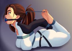 1girls arms_behind_back ball_gag blue_eyes bondage bound bound_ankles bound_arms bound_hair bound_legs bound_toes bound_wrists brown_hair female female_only femsub fully_clothed gag gagged hair_bondage hogtie hogtied png puffpow tight_clothing