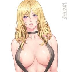 1:1 1girls areola_slip blonde_hair breasts cleavage clothing collarbone female female_only looking_at_viewer mikanman nipple_bulge solo solo_female text white_background