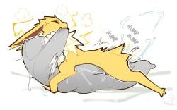 averysweatyboy bite black_nose bodily_fluids ears_down eeveelution ejaculation feral feral_only fur generation_1_pokemon grinding hi_res humping jolteon male masturbation multicolored_body multicolored_fur nintendo paws pillow pillow_humping pivoted_ears pokemon pokemon_(species) quadruped saliva side_view simple_background solo white_background white_body white_fur yellow_body yellow_fur