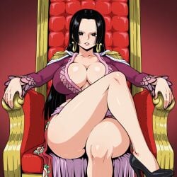 1girls ai_generated big_breasts black_eyes black_hair boa_hancock curvy curvy_female curvy_figure female female_only huge_breasts kyoru189 light-skinned_female light_skin looking_at_viewer mature_female one_piece shiny_skin sitting solo solo_female throne