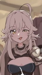 1girl ahoge animated animated_gif armor breasts cleavage cleavage_cutout clothing_cutout cum ejaculation head_wings highres indie_virtual_youtuber knight long_hair matoi_miia matoi_miia_(vtuber) medium_breasts meme neck_armor non-web_source rigby_the_cat_(meme) sanaerin shoulder_armor shrug_(clothing) tongue tongue_out virtual_youtuber white_hair wings yellow_eyes