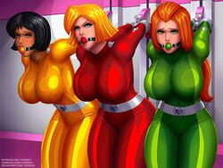 3girls alex_(totally_spies) arms_behind_back ball_gag belt belt_buckle bent_over big_breasts black_hair blonde_hair blue_eyes bodysuit bondage breasts brown_eyes captured cleavage clothing clover_(totally_spies) dark_skin female female_only femsub gag green_eyes group handwear heart-shaped_buckle heart_buckle human large_breasts looking_at_viewer multiple_girls multiple_subs pale_skin red_hair restrained sam_(totally_spies) sex_slave slave strappado svoidist totally_spies trio