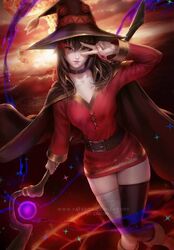 1girls alternate_breast_size big_breasts breasts cape choker female female_only kono_subarashii_sekai_ni_shukufuku_wo! magic megumin solo stockings witch_hat zarory