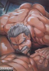 1boy abs ai_generated bara baroxen biceps big_chest blowjob chest clothed cum daddy dilf fluids garp gay genital glory hair hairy hole male male/male male_only manly masturbation mature monkey_d_garp muscular nipples one_piece only oral oral_sex partially pecs pectorals solo yaoi