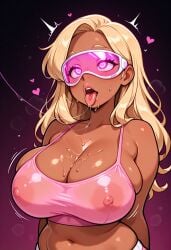 1girls 1girl dark_skin dark_skinned_female female female_focus female_only big_breasts big_areola see-through see-through_clothing saliva saliva_string open_mouth tongue tongue_out hypnosis hypnotic_eyes hypnotized hypnotic_visor visor bimbo bimbofication blonde_hair blonde_female pink_eyes heart-shaped_pupils drooling drool drool_string drool_on_breasts saliva_on_breasts ai_generated ai ai_art pink_topwear tank_top crop_top visible_nipples breasts breasts_bigger_than_head cleavage slightly_chubby slightly_chubby_female bbw oc original_character