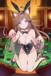 bell big_breasts blue_eyes bowtie breasts brown_hair casino cat_ears cat_tail chelzorthedestroyer cleavage cuff_links dice ear_tuft high_heels long_hair nails playboy_outfit poker_chip poker_table thighs vtuber