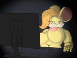 anthro belly big_breasts big_ears breast_play breast_suck breasts brie_(queso2033) computer computer_mouse curvy_figure destiny's_art electronics female fingers fur hi_res mammal mouse murid murine nude rodent sitting solo sucking sucking_breasts_meme titty_sucking_method voluptuous yellow_body yellow_fur