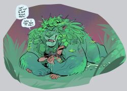 anthro atronach barazoku bodily_fluids corruption cum cum_on_ground dramamine duo felid finger_in_mouth genital_fluids hi_res hypnosis lagomorph leaf leporid lion male male/male mammal mind_control musclegut muscular nature_background nature_spirit outside_sex pantherine rabbit sex size_difference talking_to_viewer