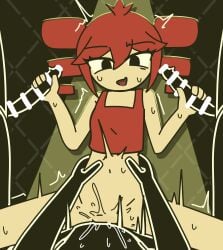 1girl 3boys bar_censor black_eyes censored censored_penis double_handjob handjob kasane_teto mv_character open_mouth penetration penis red_hair red_shirt sex sleeveless sleeveless_shirt song_request spotlight sweat twin_drills utau voifoooork