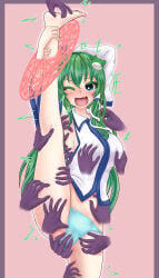 1girl absurdres barefoot blue_panties blush breasts commentary_request detached_sleeves frog_hair_ornament grabbing_another's_breast green_eyes green_hair groping hair_ornament hair_tubes highres kochiya_sanae lalulo_(asunanisiyou) large_breasts leg_up looking_at_viewer magic_circle one_eye_closed open_mouth panties pussy_juice sideboob single_hair_tube smile snake_hair_ornament split standing standing_on_one_leg standing_split surrounded_by_hands tickle_torture tickling toes touhou underwear