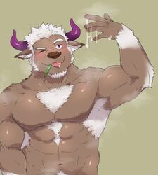 abs anthro armpit_hair bodily_fluids body_hair bovid bovine cattle chest_hair cum facial_hair genital_fluids male male_only mammal muscular muscular_male navel nipples nude pecs pubes shennong solo tokyo_afterschool_summoners tongue video_games yanutorie