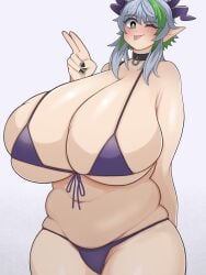 breasts huge_breasts gigantic_breasts thick_thighs thighs thick thick_legs thick_hips hips wide_hips chubby chubby_female belly belly_button chubby_belly wide_thighs navel bikini bikini_only bikini_top bikini_bottom skindentation cleavage painted_nails nail_polish black_nails collar tall tall_female tongue_out tongue :p blush cheek_markings wink green_eyes white_pupils one_eye_closed looking_at_viewer winking_at_viewer winking eyelashes eyeshadow purple_eyeshadow pointy_ears sidelocks long_sidelocks short_hair grey_hair green_hair multicolored_hair horns demon_horns cowboy_shot armpit_crease 1girls solo female virtual_youtuber vtuber indie_virtual_youtuber froot bare_shoulders shoulders hips_wider_than_shoulders yokuaka hi_res highres high_resolution absurd_res absurd_resolution