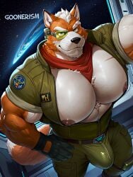 1boy abs ai_art ai_generated anthro bandana bara bara_tiddies bara_tits beard belt biceps big_muscles bulge chest_tuft daddy dilf facial_hair fox fox_ears fox_mccloud fur furry gay gloves goonerism green_clothing green_eyes huge_muscles huge_pecs looking_at_viewer male_focus mature_male muscular muscular_male nintendo nipples orange_fur patreon pecs rolled_up_sleeves scar scouter self_upload short_sleeves solo space spaceship_interior star_fox two-tone_hair unzipped watermark whiskers white_hair yaoi zipper