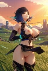 yelan_(genshin_impact) genshin_impact 3d blue_hair green_eyes 1girls female female_only dark_hair mixed_hair_color clothed revealing_clothes semi_nude long_sleeves short_hair uncensored vagina hips waist thick_thighs thighs outdoors outdoor_nudity standing nipples big_breasts breasts_out touching_breast grass grass_field fantasy wristband necklace smooth_skin legwear sunlight ai_generated aistuffo 2026 background