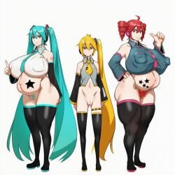 3girls ai_generated akita_neru aqua_eyes aqua_hair big_breasts big_nipples blonde_hair bored bored_expression bottomless breast_size_difference breasts breasts_bigger_than_head detached_sleeves fat_ass female_focus female_pubic_hair flat_chest gigantic_breasts hand_on_hip hatsune_miku huge_breasts huge_nipples kasane_teto large_breasts long_twintails looking_at_viewer multiple_pregnancies necktie necktie_between_breasts nipples nipples_visible_through_clothing no_pubic_hair only_female plump pointing pregnancy_tally pregnant pregnant_belly pregnant_female pubic_hair red_eyes red_hair sleeveless_shirt smile teto thick_nipples thick_thighs thighhigh_boots thighhighs thighs thighs_bigger_than_head thumbs_up tied_hair triple_baka_(vocaloid) twintails utau utauloid very_long_hair vocaloid yellow_eyes yellow_hair