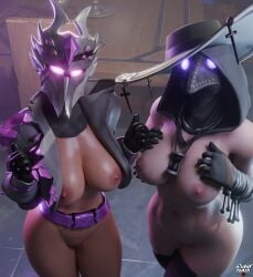 stupidroach medieval fortnite fortnite:_battle_royale blender spectra_knight_(fortnite) scourge_(fortnite) masked_female masked female female_only female_focus imminent_sex looking_at_viewer glowing_eyes gloves hourglass_figure 2girls naked_female hat breasts breasts_out vagina asking_for_it purple_eyes artist_signature video_games big_breasts jacket jacket_open leggings hood beak plague_doctor