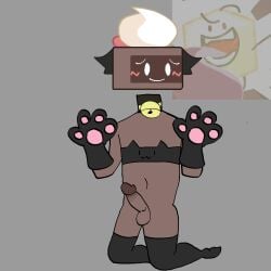 1boy animate_inanimate anthro battle_for_dream_island blush cake cake_(bfdi) cat_paws clothing collar dessert embarrassed_male erection femboy food food_creature footwear frosting genitals grey_background hi_res humanoid legwear loser_(bfdi) male male_only penis simple_background solo thigh_highs willowivy