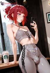 1boy solo solo_focus solo_male bulge bulge_through_clothing standing red_eyes tied tied_hair green_eyes blue_eyes earrings ear_piercing small_breasts cellphone selfie selfie_pose sfw gyn crossdressing gay gay_male trap femboy high_resolution otoko_no_ko yaoi highres more_at_source original_character original ilfb ai_generated flat_chest