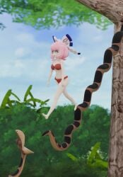 3d barefoot big_hair bikini breasts butterfly_hair_ornament coils crossover eastern_and_western_character hypnosis imminent_vore kaa kaa_eyes klara_(pokemon) kurara_(pokemon) large_breasts loincloth mind_control mindless pink_hair pokemon pokemon_ss pokemon_swsh realsonuvagun short_hair snake snake_vore the_jungle_book
