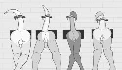7:4 absurd_res anthro anus balls big_butt black_and_white brick brick_wall butt butt_focus circumcised dragon fuze genitals group hi_res male monochrome mythological_creature mythological_scalie mythology nude penis presenting presenting_anus presenting_hindquarters raised_tail restrained scalie shaved_balls small_butt tail wall_(structure)