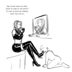 1boy 1girls black_and_white black_boots boot_fetish boot_licking boot_worship boots breasts celera_prime couple couple_(romantic) crossed_legs cute dominant_female dominatrix domme domme_girl_and_gamer_boy elbow_gloves english english_text female femdom femdom_caption footwear funny gentle_femdom gloved_hands gloves goth_girl goth_girl_and_gamer_boyfriend high_heel_boots high_heels latex latex_boots latex_gloves leather leather_boots leather_gloves legs_crossed long-haired_female long_hair male monochrome olivia_(celera_prime) original original_character original_characters patent_boots putting_on_makeup romantic romantic_couple shoe_fetish shoes skirt submissive_male thigh_boots thighhigh_boots thighhighs thighs
