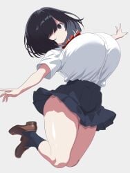 suzumori_kuroku original original_character himi_kaede_(suzumori_kuroku) 1girls solo solo_female solo_focus black_hair bob_cut big_breasts clothing clothed_breasts black_eyes empty_eyes light_skin light-skinned_female hair_over_one_eye female huge_breasts thick_thighs thighs shiny_skin looking_at_viewer school_uniform white_shirt shirt skirt red_ribbon white_background simple_background hips wide_hips fully_clothed miniskirt jumping full_body socks loafers upskirt