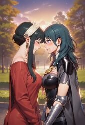 ai_generated bopitphy 2girls female_only female/female multiple_girls multiple_females duo couple mutual_yuri yuri love romantic romantic_couple closed_eyes blush spy_x_family yor_briar short_hair short_hair_with_long_locks black_hair jewelry gold_jewelry earrings gold_earrings nintendo fire_emblem fire_emblem:_three_houses byleth_(fire_emblem) byleth_(fire_emblem)_(female) long_hair blue_hair hair_between_eyes neck bare_shoulders breasts big_breasts medium_breasts dress red_dress off_shoulder off-shoulder_dress long_sleeves crossover sunset outdoors tree grass nature park sky cloud forehead-to-forehead blue_eyes looking_at_another smile closed_mouth breast_press navel
