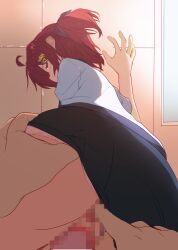 1boy 1girl ahoge aig8654fez anal_fingering ass black_buruma black_ribbon blush buruma buruma_lift censored commentary fingering foreshortening from_behind grabbing_another's_ass grabbing_from_behind groping gym_uniform hair_ornament hair_ribbon half-closed_eye hand_on_wall hand_up hetero highres hoshizora_no_memoria index_finger_raised indoors lifting_another's_clothes looking_at_viewer looking_back medium_hair minahoshi_asuho mosaic_censoring one_side_up panties panty_lift panty_peek pov pov_hands profile red_eyes red_hair ribbon sex_toy shirt solo_focus star_(symbol) star_hair_ornament underwear vibrator white_panties white_shirt