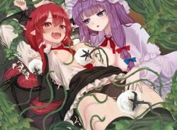 2girls black_panties black_skirt black_vest blue_bow blush bondage bow breasts capelet clothes_lift collared_shirt commentary_request crying crying_with_eyes_open demon_wings dress hair_bow hat head_wings koakuma lalulo_(asunanisiyou) large_breasts lifting_another's_clothes long_hair long_sleeves mob_cap multiple_girls necktie nipple_stimulation nipples open_clothes open_mouth open_vest panties partially_unbuttoned patchouli_knowledge plant pointy_ears purple_capelet purple_dress red_bow red_eyes red_hair red_necktie restrained shirt skirt skirt_lift skirt_set tears tickle_torture tickling tickling_armpits tickling_pussy torn_clothes torn_shirt touhou underwear vest vines white_shirt wings yuri