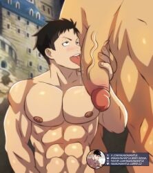 2boys akitaru_oubi bara bara_tiddies bara_tits barazoku beefy big_penis big_penis_adoration bigger_male broad_shoulders crossover dangling_balls en'en_no_shouboutai enen_no_shouboutai fire_force flaccid flaccid_bigger flaccid_penis foreskin_folds gay grabbing_penis hairless hanging_balls hanging_penis holding_penis hunk interracial interracial_sex licking_penis looking_at_another male male/male male_focus male_only manly masculine_male muscles muscular muscular_male muscular_thighs obi_akitaru one_piece oral oral_sex oubi_akitaru penis penis_down public public_nudity public_sex retracted_foreskin roronoa_zoro seasongentle thick_thighs veins veiny yaoi