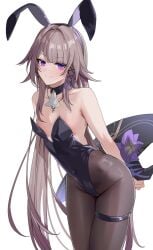 1girls black_bunny_ears black_bunnysuit bunny_ears bunny_girl bunnysuit herta_(honkai:_star_rail) honkai:_star_rail key necklace simple_background small_breasts smile white_background witch_hat