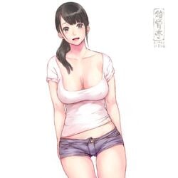 1:1 1girls breasts cleavage female female_only looking_at_viewer low_cut_top mikanman nipple_bulge no_bra shirt short_shorts shorts solo solo_female thigh_gap thighs white_background