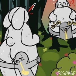 absurd_res animal_humanoid anthro balls bodily_fluids drinking drinking_urine duo ears_down eyes_closed forest fur genital_fluids genitals grey_body grey_fur hi_res hugging_legs humanoid interrobang lagomorph lagomorph_humanoid leporid lspagf male male/male mammal mammal_humanoid onomatopoeia outside peeing penis penis_in_mouth pivoted_ears plant rabbit scut_tail short_tail shrub small_penis sound_effects stretching surprised tail text tree urine urine_in_mouth watersports white_body white_fur