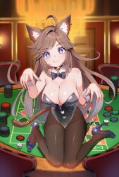 bell big_breasts blue_eyes bowtie breasts brown_hair casino cat_ears cat_tail chelzorthedestroyer cleavage cuff_links dice ear_tuft high_heels long_hair nails playboy_outfit poker_chip poker_table stockings thighs vtuber