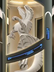 2_heads anthro arttukorppu big_breasts breasts claws curvy_figure dinosaur dromaeosaurid female hi_res hourglass_figure jurassic_world:_rebirth multi_head prehistoric_species reptile saurischian scalie solo stasis_tank striped_body stripes suspension theropod velociraptor