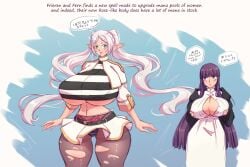 2girls alternate_breast_size breasts elf female fern_(sousou_no_frieren) frieren frieren_beyond_journey's_end growing growth height_difference hourglass_figure huge_breasts human hyper large_breasts magic monochrome n647 purple_eyes purple_hair size_difference softcore sousou_no_frieren wide_hips